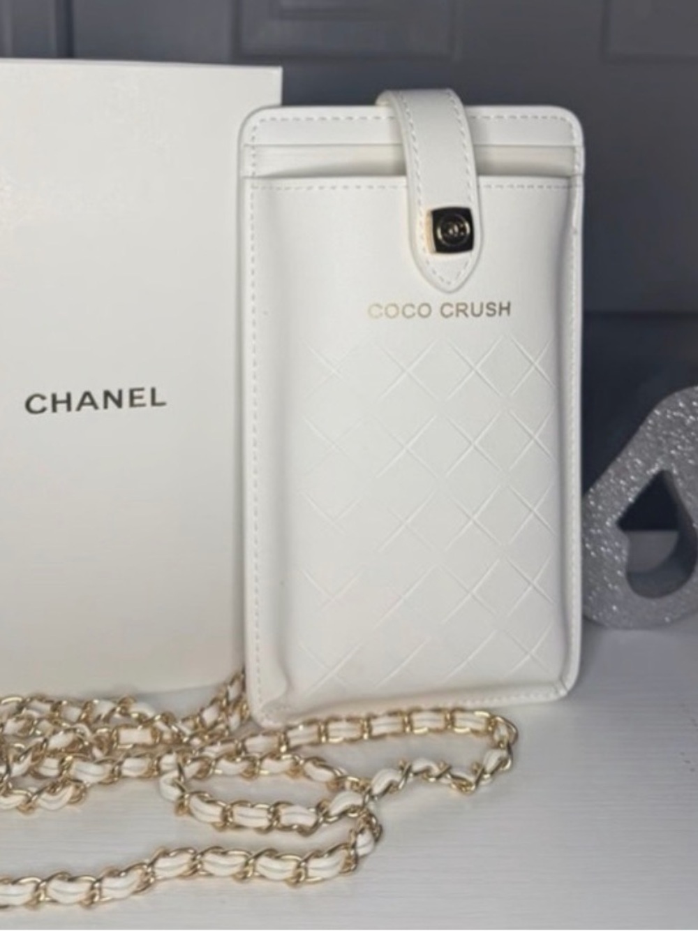 GWP Chanel White Coco Crush Phone Case w/ White & Gold Chain Great For Outings